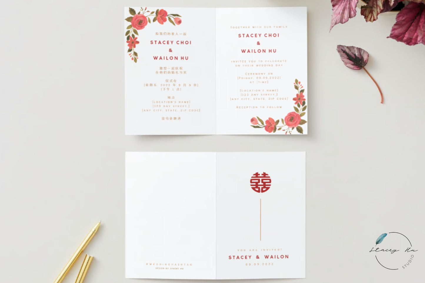 Minimal Asian Wedding Folded Invitation Card | Modern Chinese & English | 5x7 IN