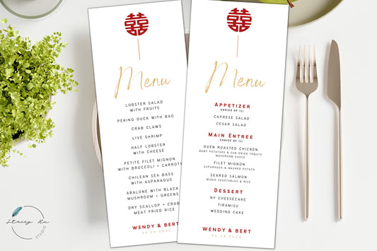 Minimal Asian Wedding Menus Set | Chinese Banquet & Plated | 3.75x9 IN