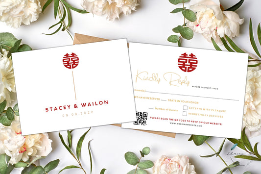 Minimal Asian Wedding RSVP Card | Mail-in or Online | 5.8x4.1 IN