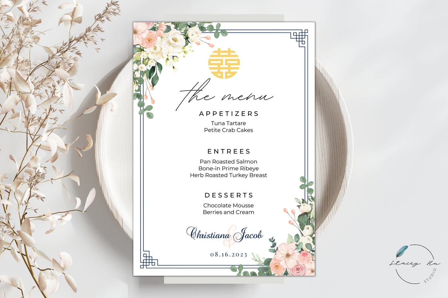 Navy Ivory and Blush Floral Menu Set | Chinese Banquet & Plated | 5x7 IN