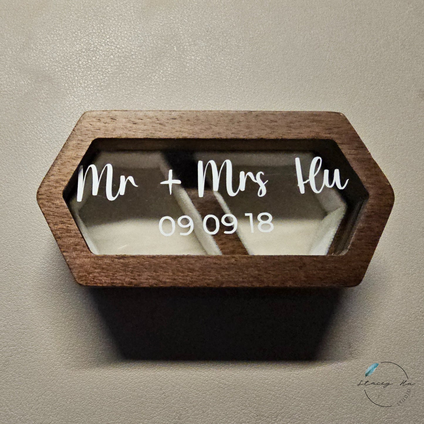 2-Slot Small Wooden Couple Wedding Ring Box | Add-On Vinyl Decal Text