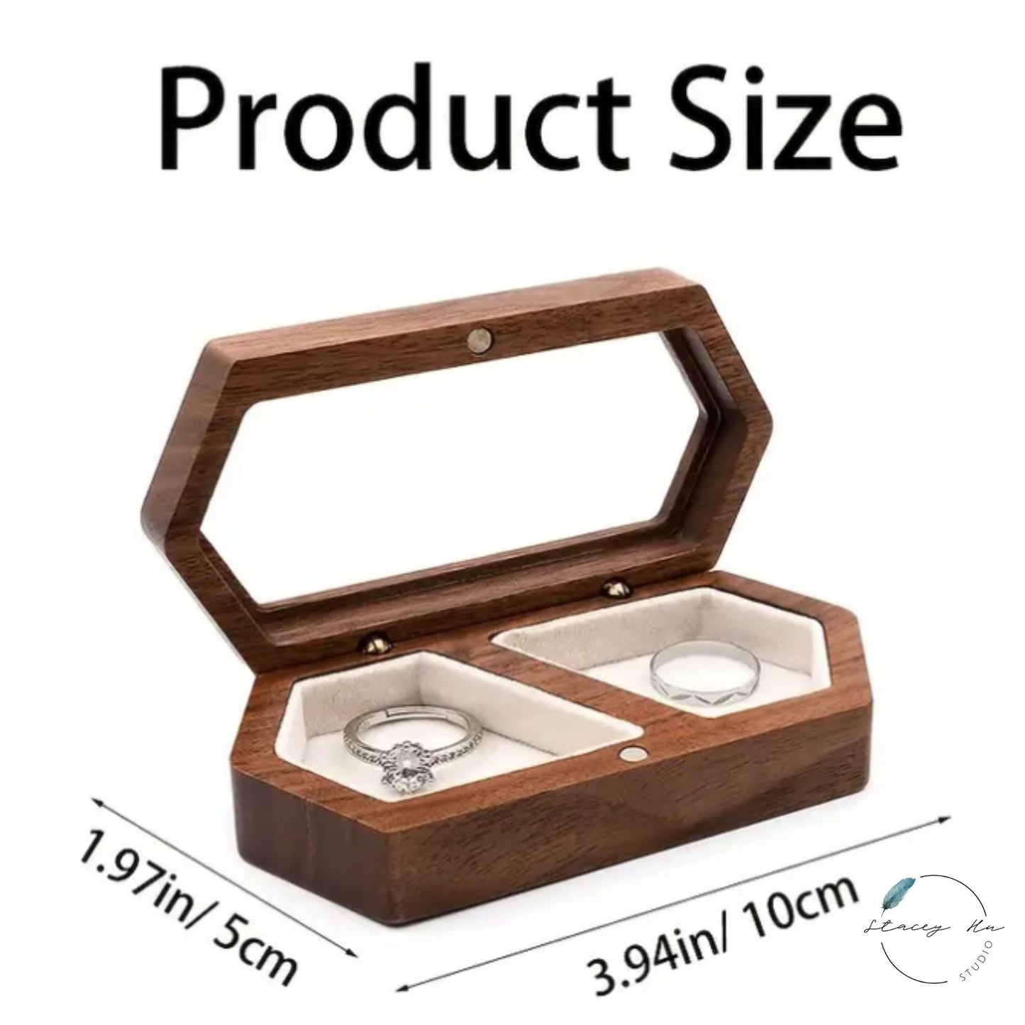 2-Slot Small Wooden Couple Wedding Ring Box | Add-On Vinyl Decal Text