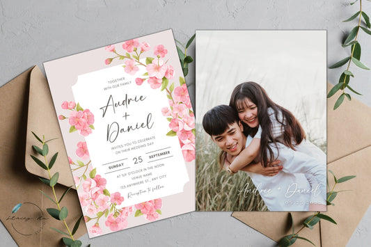 Pink Cherry Blossom Wedding Invitation | English & Engagement Photo | 5x7