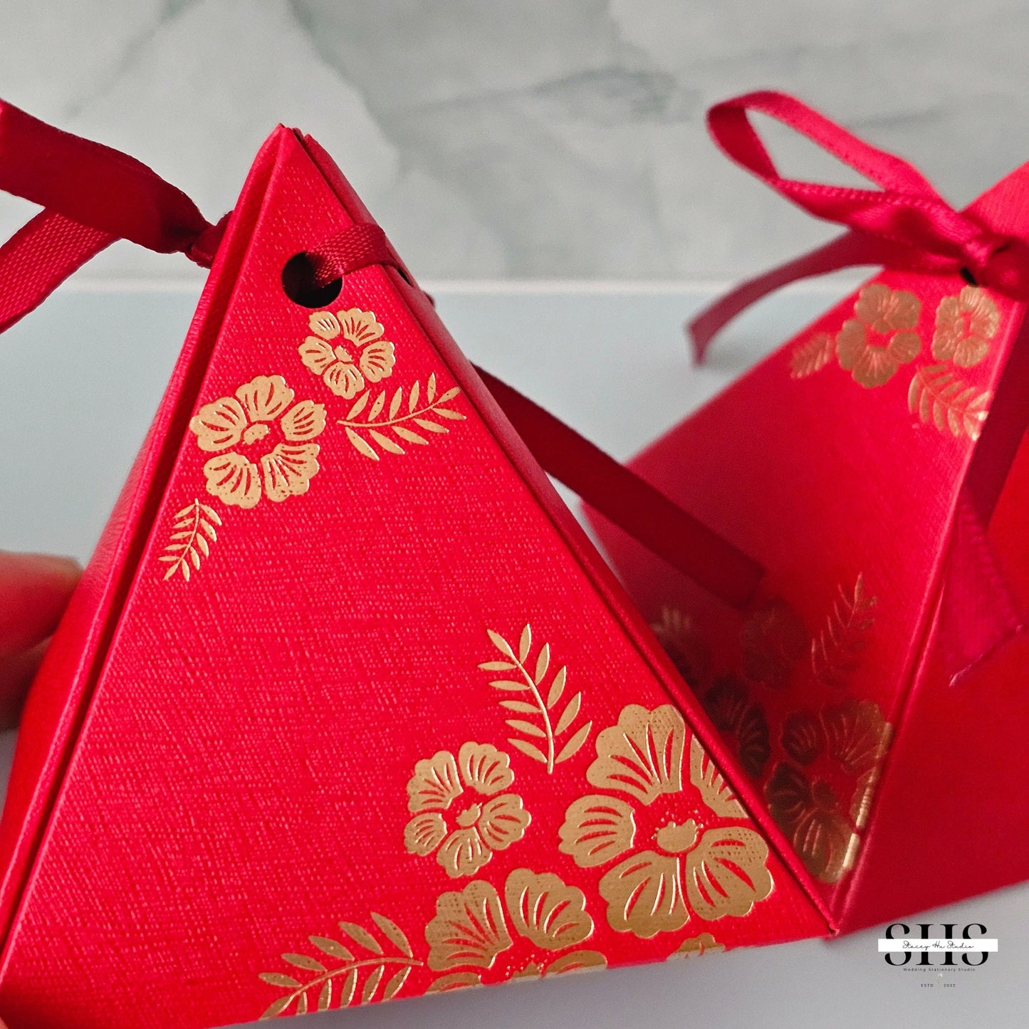 Plain Red & Gold Foil Plum Flower Pyramid Boxes | Small