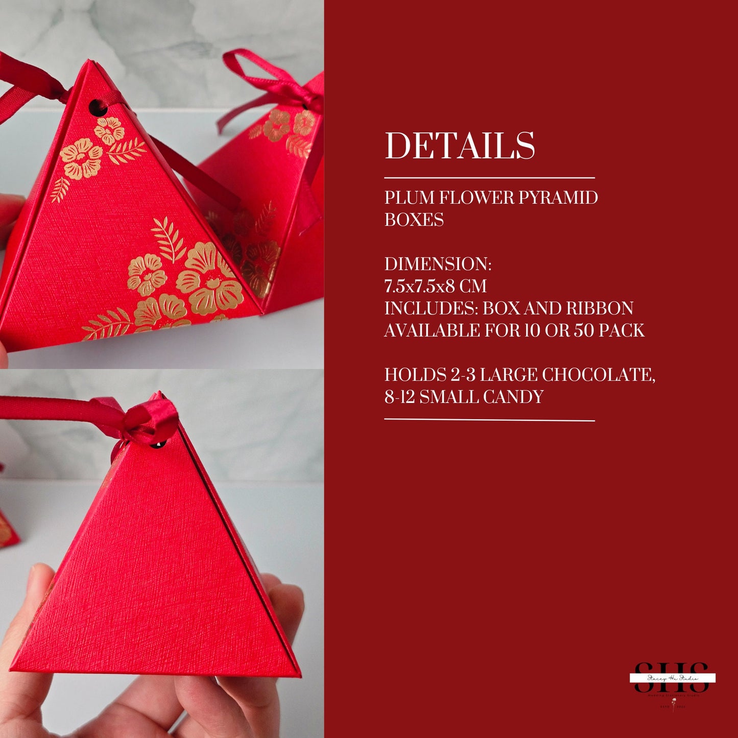 Plain Red & Gold Foil Plum Flower Pyramid Boxes | Small