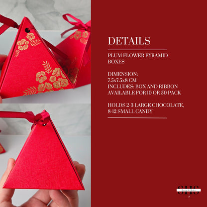 Plain Red & Gold Foil Plum Flower Pyramid Boxes | Small