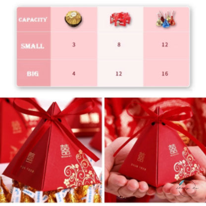 Red & Gold Asian Wedding Pyramid Party Favors Boxes | 2 Sizes | 3 Styles