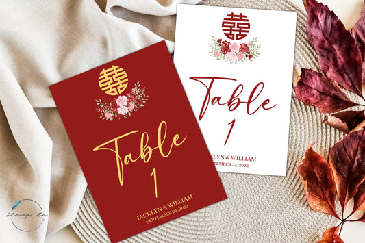 Red & Blush Simple Floral Asian Wedding Table Number | 4x6 IN | 2 Colors