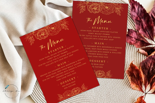 Red and Gold Lined Floral Menu | Plated | 5x7 IN | 2 Colors