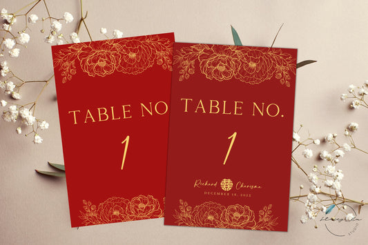 Red & Gold Lined Floral Table Number | 5x7 IN | 2 Colors