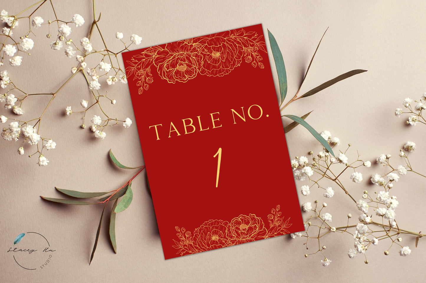 Red & Gold Lined Floral Table Number | 5x7 IN | 2 Colors