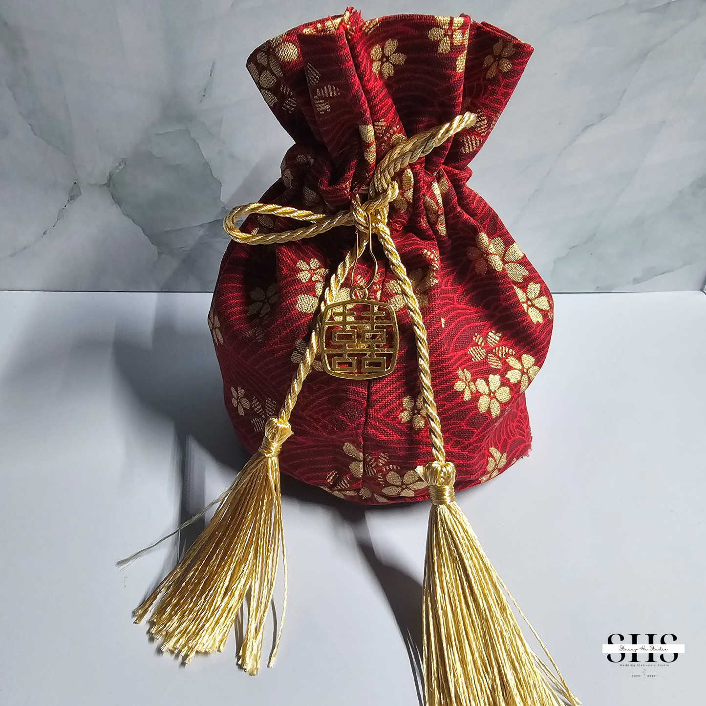 Red & Gold Sakura Party Favor Bag | Double Happiness Charm Add-on