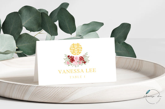 Red and Blush Simple Floral Asian Wedding Place Card | White | 3.5x4 IN