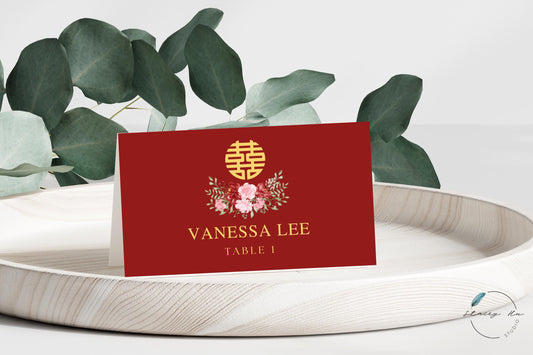 Red and Blush Simple Floral Asian Wedding Place Card | Red | 3.5x4 IN