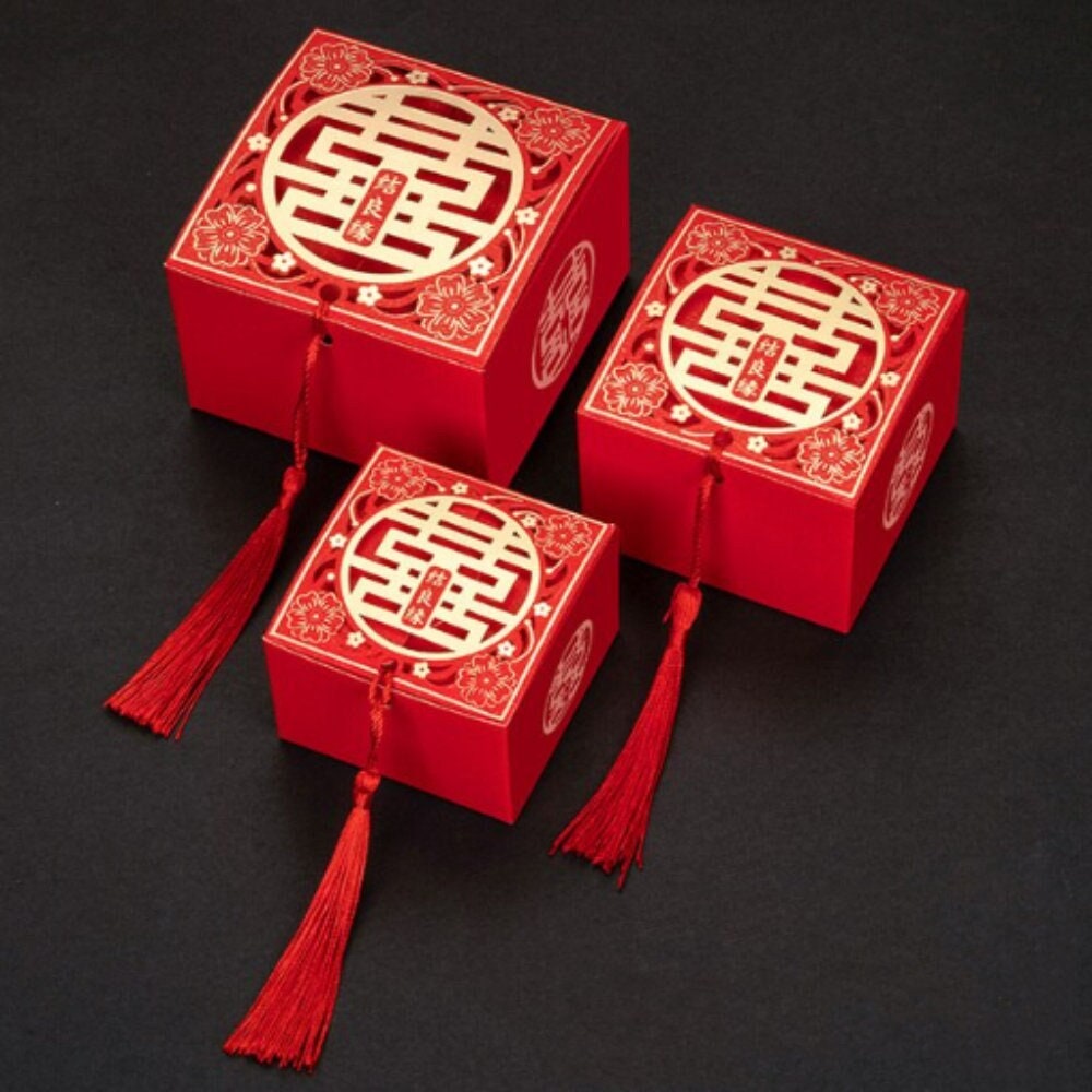 Red and Gold Laser Cut Square Asian Wedding Favors Boxes | Medium Only