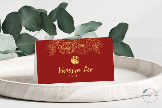 Red and Gold Lined Floral Place Card | 3.5x4 IN