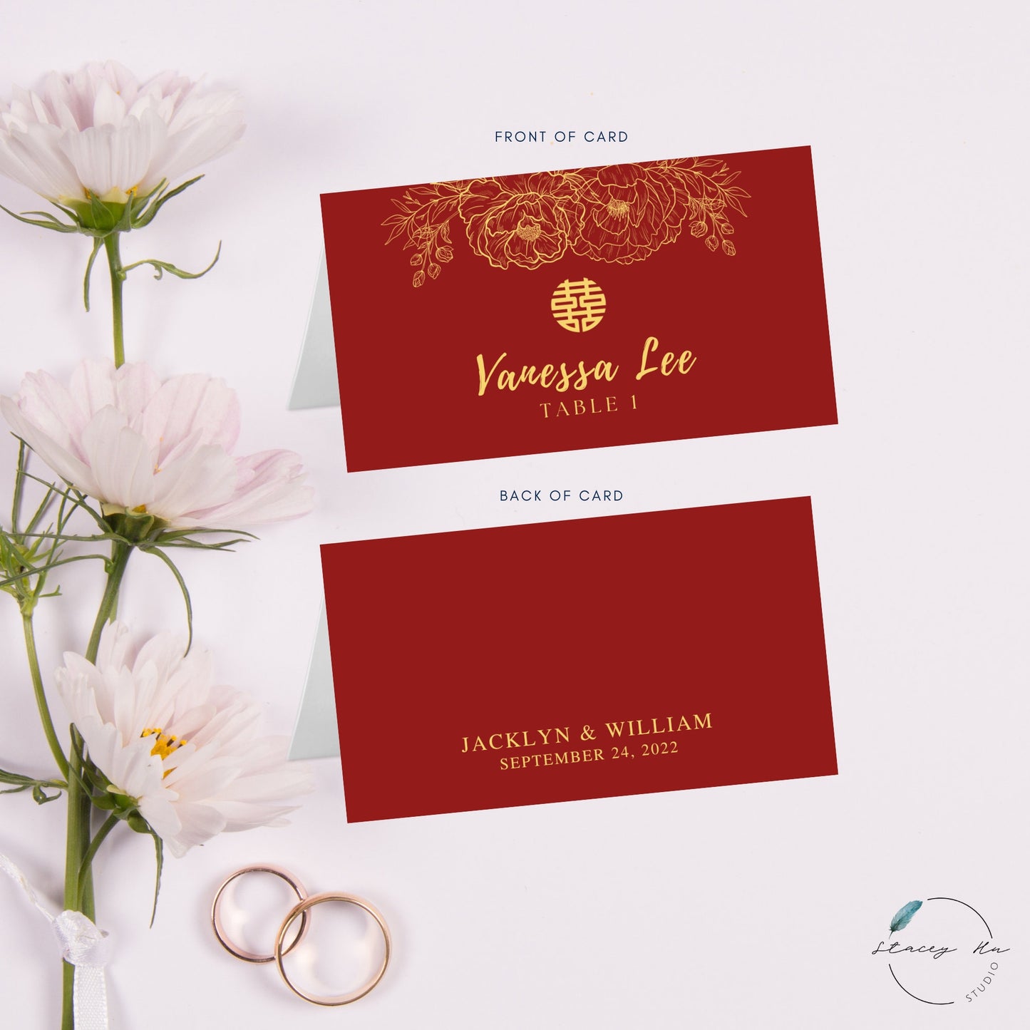 Red and Gold Lined Floral Place Card | 3.5x4 IN