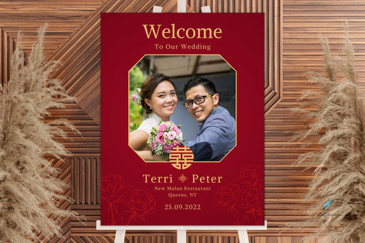 Red and Gold with Photo Wedding Welcome Sign | Portrait | 18x24 IN