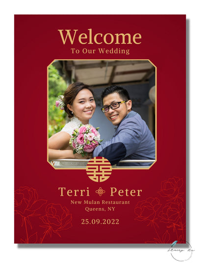 Red and Gold with Photo Wedding Welcome Sign | Portrait | 18x24 IN