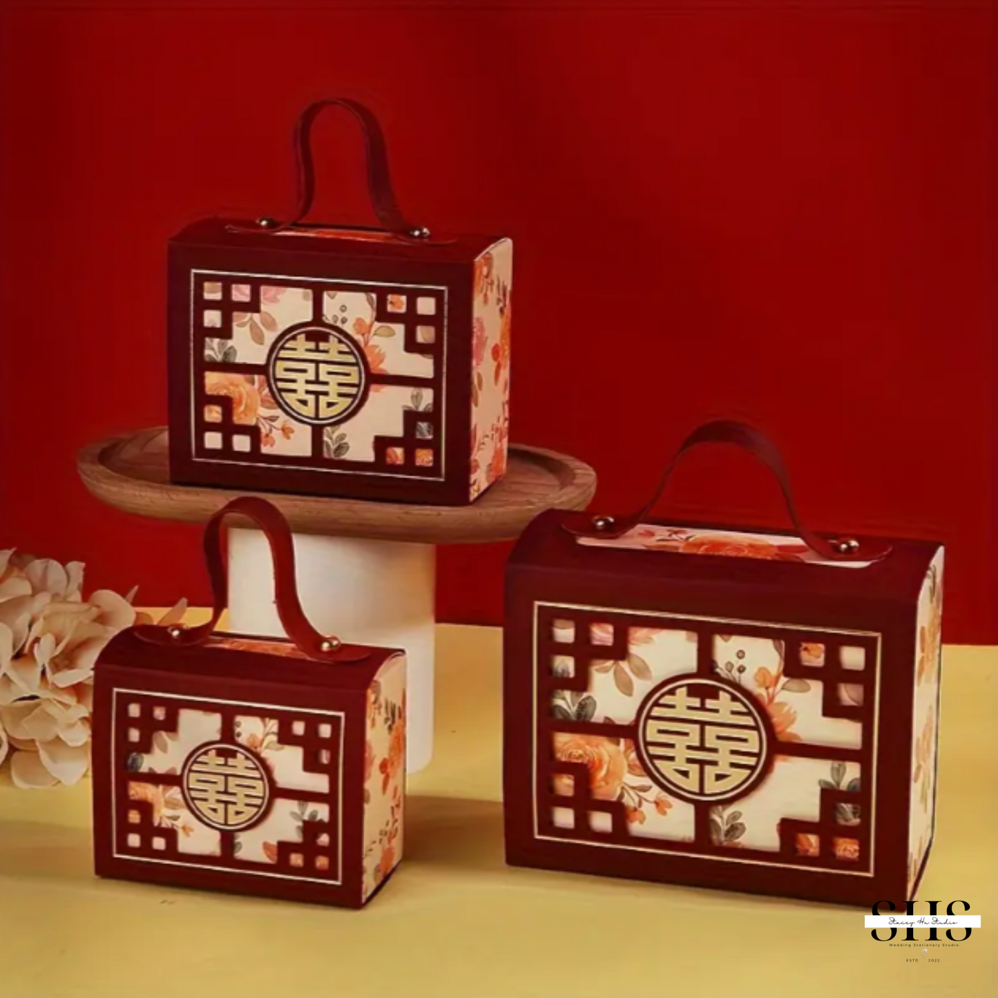 Red and Pink Floral Asian Wedding Portable Party Favor Boxes | Medium