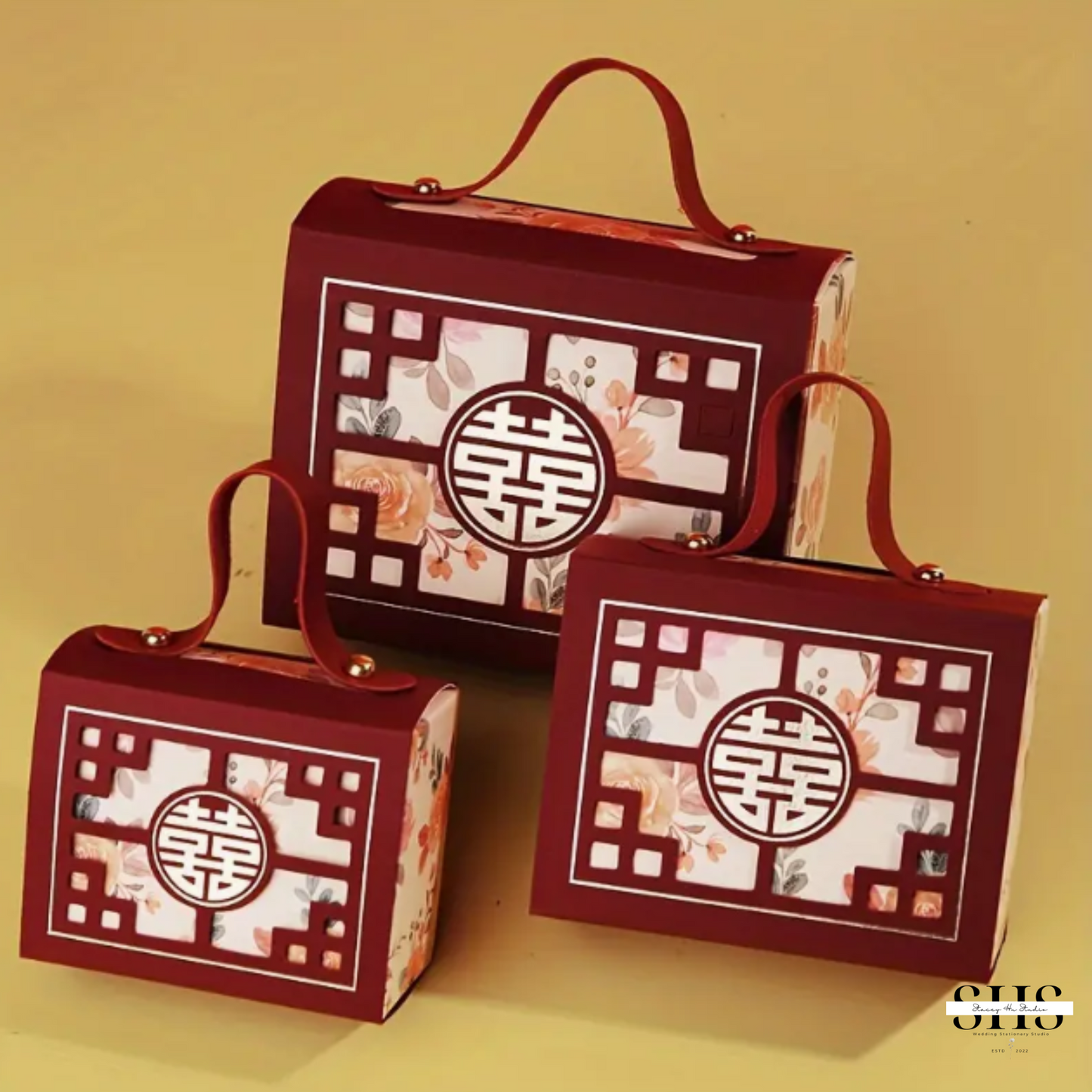 Red and Pink Floral Asian Wedding Portable Party Favor Boxes | Medium