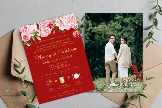 Rosy Blush Wedding Invitation Card Set | Traditional Chinese & English with Engagement Photo | 5x7 IN