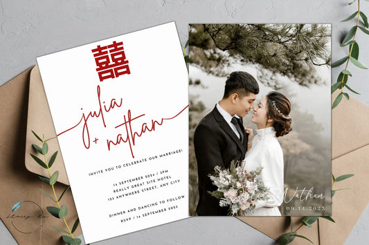 Simple Asian Wedding Invitation | English & Engagement Photo | 5x7 IN