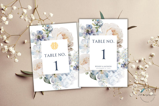 Soft Blue and Ivory Floral Table Number | 5x7 IN