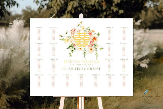 Sunny Field Floral Asian Wedding Seating Chart | Landscape | 18x24 IN