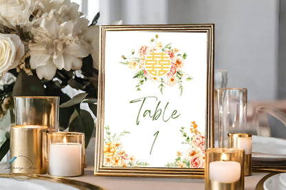 Sunny Field Floral Asian Wedding Table Number | 5x7 IN