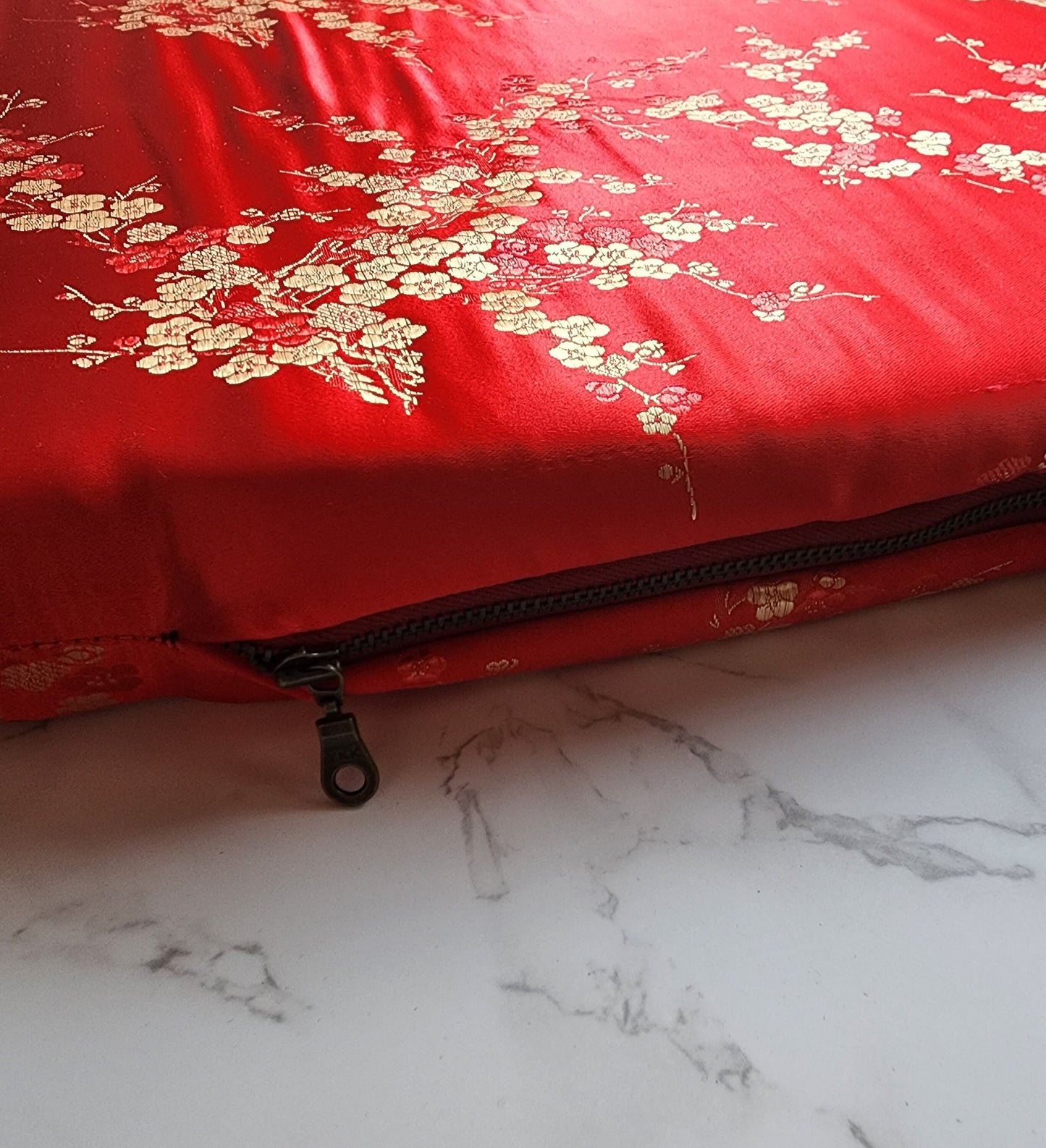 Set of 2 Tea Ceremony Pillow Set | Red Satin with Plum Blossom Floral Brocade