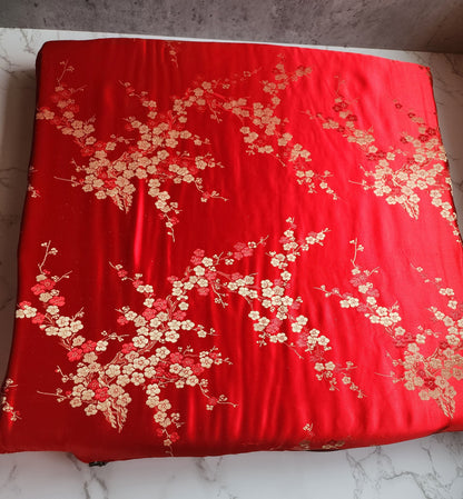 Set of 2 Tea Ceremony Pillow Set | Red Satin with Plum Blossom Floral Brocade