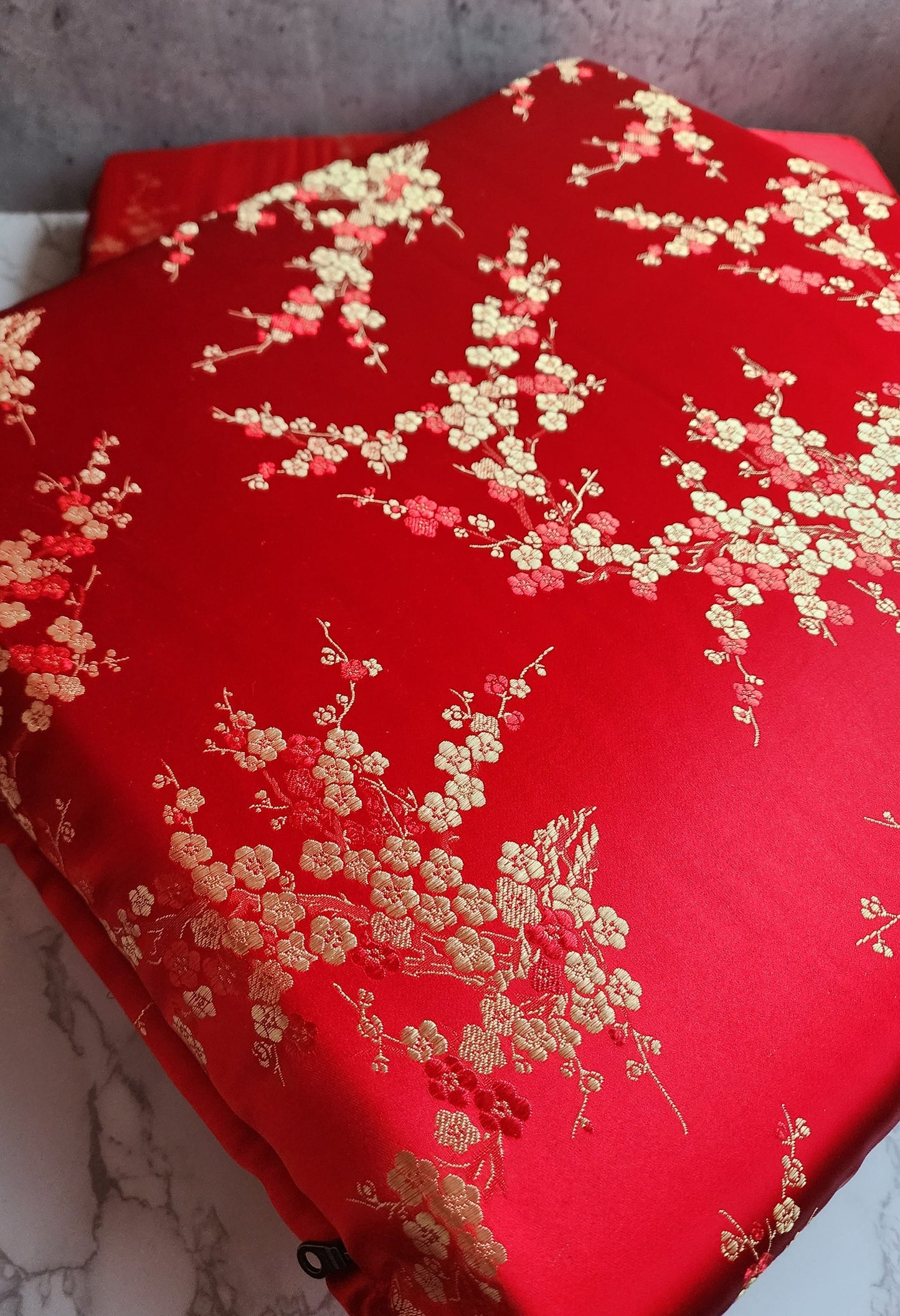 Set of 2 Tea Ceremony Pillow Set | Red Satin with Plum Blossom Floral Brocade