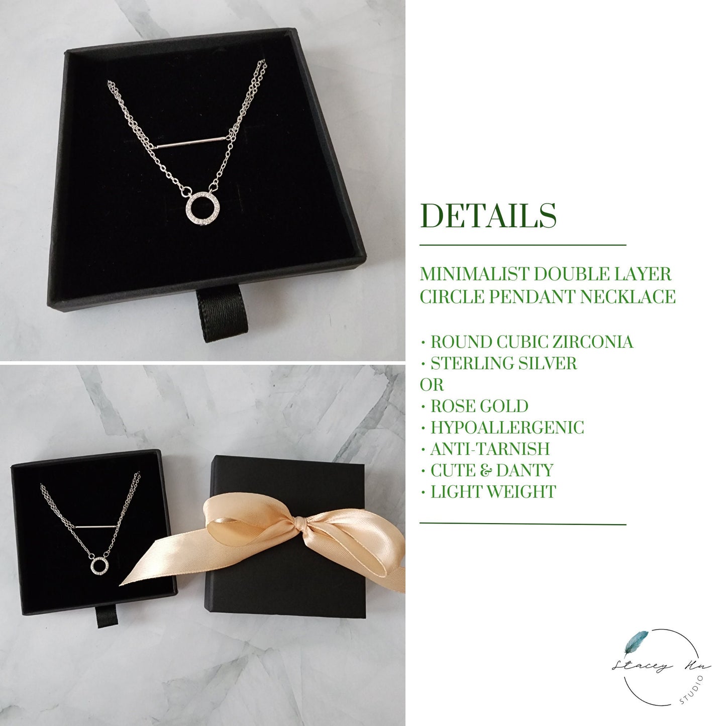 Double Layer Zirconia Round Pendant Necklace Gift | Personalized Bride Proposal Card | Gift Box Add-on | 2 Colors