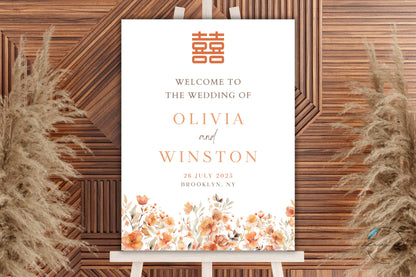 Boho Orange Floral Wedding Welcome Sign | Portrait | 18x24 IN