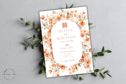 Boho Orange Floral Wedding Invitation Set | Traditional Chinese & English | 5x7 IN