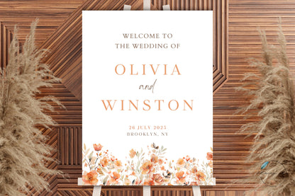 Boho Orange Floral Wedding Welcome Sign | Portrait | 18x24 IN